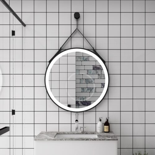 Black Round Framed LED mirror with strap